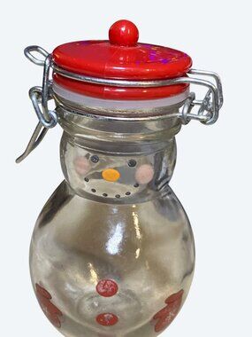 Snowman Shaped Clear Glass Jar With Red Lid and Metal Clamp  Winter Decor
